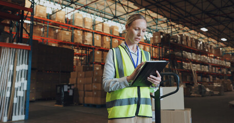 Poster - Logistics, woman and tablet in warehouse with inventory, stock and tech for delivery in supply chain or freight. Working, person and quality control in manufacturing, shipping in trade for export