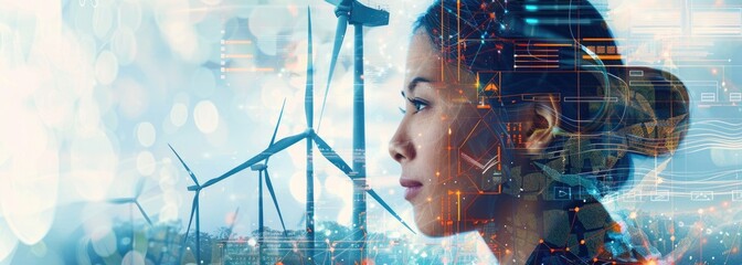 Young female engineer looking at wind turbines. Clean energy and sustainable future concept.