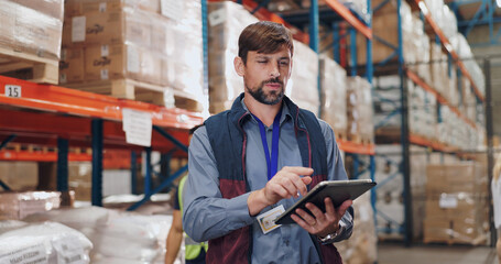 Canvas Print - Shipping, distribution and man with tablet in warehouse for stock inspection, inventory check or freight logistics. Export, checklist and employee for delivery, supply chain or quality control