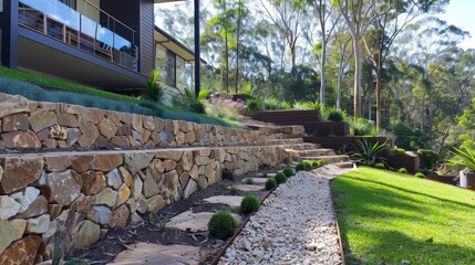 Wall Mural - The finished retaining wall in all its glory showcasing its strong and practical design while also blending in with the natural surroundings.