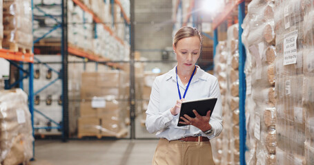 Poster - Storage, warehouse and check with tablet and business woman with quality assurance and inventory checklist. Distribution, freight supplier and order document with planning and export inspection