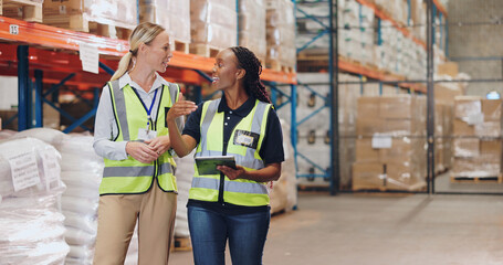 Poster - Women, tablet and partner in discussion at warehouse for logistics, cargo and team at global shipping company. People, touchscreen and talk with app for boxes, distribution or supply chain in factory