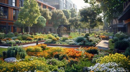 Wall Mural - Sustainable urban gardens and green roofs enhancing city environments. 