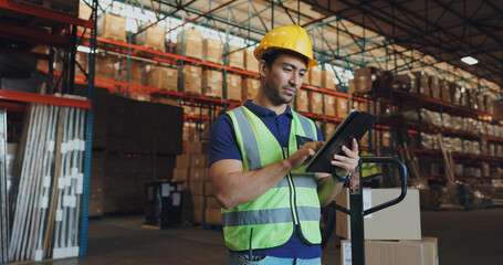 Poster - Logistics, man and tablet in warehouse for inventory, stock and price for safety in supply chain or freight. Male person, tech and quality control in industry, shipping in trade for commercial export