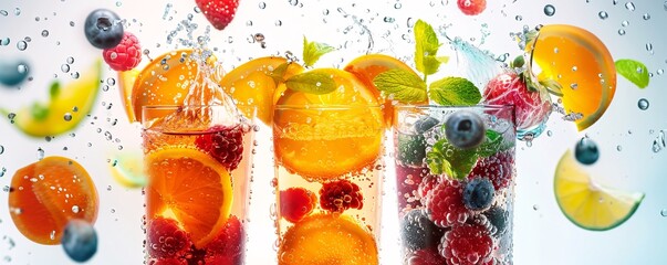 Wall Mural - Enjoy three refreshing summer cocktails with raspberries, blueberries, and citrus slices