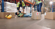 © peopleimages.com - Fail, fall and boxes with man in warehouse for delivery, distribution or supply chain logistics. Accident, injury or mistake and person on floor of plant with stock for ecommerce, retail or safety