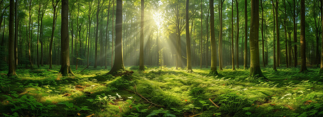  Sunlight streaming through trees, Panoramic Sunny Forest