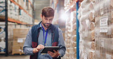 Poster - Man, tablet and logistics or warehouse inspection of cargo for ecommerce shipping, factory or production. Distributor, online and inventory service in storehouse for package, courier or planning