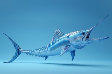 A Blue Marlin Leaps Through the Water Against a Blue Background