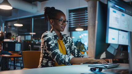 Wall Mural - Young Black Woman Working on Desktop Computer in Creative Office. Multiethnic Marketing Manager Writing Email Messages, Developing Social Media Strategy, and Researching Project Plan Details Online