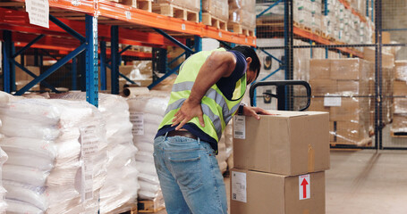 Poster - Pallet truck, man and back pain in warehouse with transport, safety and storage for distribution or delivery. Freight operator, logistics and stock in cardboard for shipping, cargo and inventory