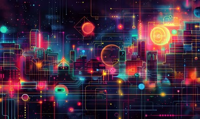 Wall Mural - abstract illustration of geometric shapes and structures in colorful neon colors and lights in cyberspace against dark background -
