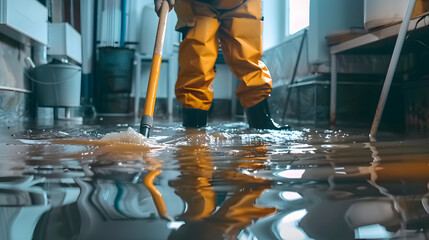 Wall Mural - Mopping up deep floodwater in a basement or electrical room after a leak. Concept Flooded Basement, Water Damage Cleanup, Leaking Pipes, Electrical Hazards, Emergency Restoration