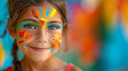 Little cute girl with bright face painting smiling at the camera. The girl has blue eyes and brown hair. She is wearing a red tank top.