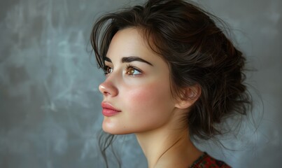 Poster - Beautiful young woman with brown hair looking away