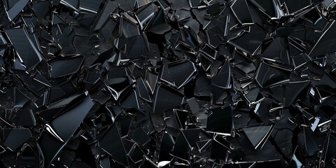 Shattered black mirror glass pieces over dark background surface for dramatic art and design concept