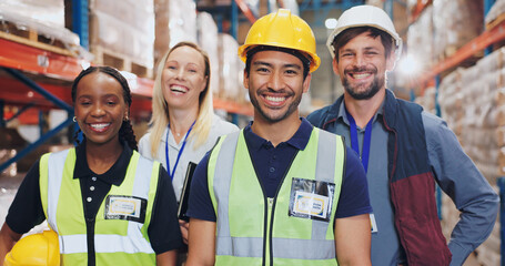 Poster - People, warehouse and smile on portrait for teamwork, collaboration and supply chain. Employee, diversity and happy at factory for logistics, manufacturing and delivery or distribution service