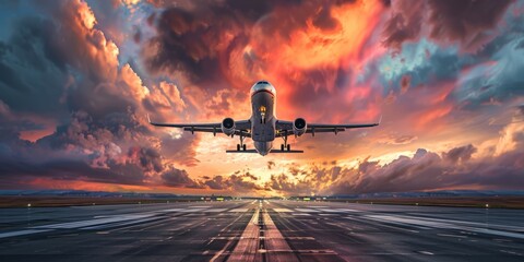 A commercial aircraft takes off from an airport runway under a bright and dramatic sky at sunset