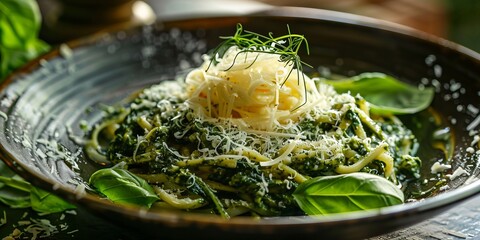 Wall Mural - A delicious dish made with spinach and cheese, consisting of noodles, a leafy vegetable, that is placed on a table