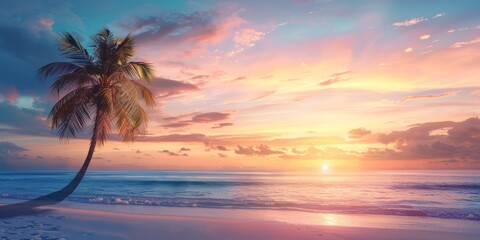 A palm tree stands tall on a sandy beach, against the backdrop of a sunset sky, representing the essence of a tropical beach vacation.