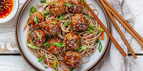 Wall Mural - A plate of savory chicken meatballs and hearty buckwheat noodles, served with chopsticks for easy eating