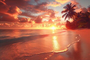 Wall Mural - Tropical Beach Sunset With Palm Trees and Golden Waves