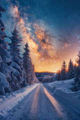 Wall Mural - road leading towards colorful sunrise between snow covered trees with epic milky way on the sky back