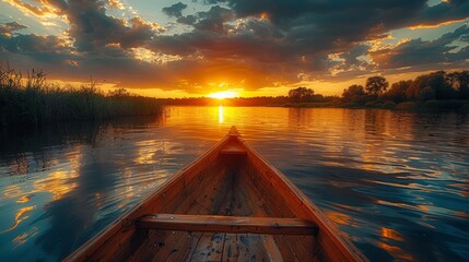 Wall Mural - A serene lake at sunset with the view from a canoe heading towards the setting sun, creating a peaceful atmosphere