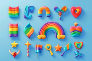 Wall Mural - Vibrant Pride Month Vector Art Bundle Featuring LGBTQ+ Icons in 3D Clay Material Design