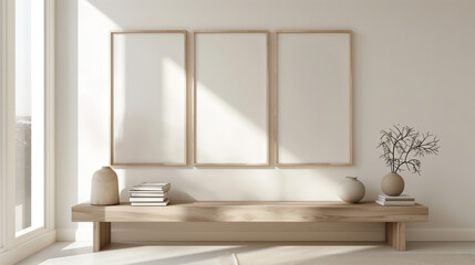 modern interior design, three wooden frames on the wall mockup, minimalistic style