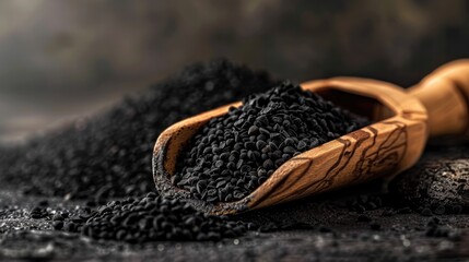 Wall Mural - Black cumin seeds displayed on wooden scoop over black cumin backdrop