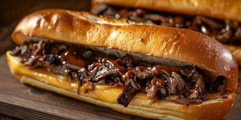 Wall Mural - A Close-Up View of a Philadelphia Cheesesteak Sandwich. Concept Food Photography, Close-Up Shots, Appetizing Meals, Restaurant Delights, Culinary Creations