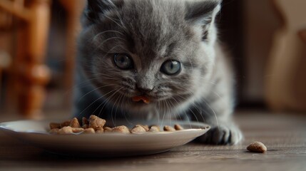 Poster - Cute British small kitten munching on its food