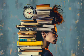 Wall Mural - Tired woman with a stack of books, chaos of papers and clock on his head, concept of time management, baggage of knowledge, overwork, cyber hygiene, contemporary art collage, Generative AI