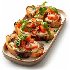 Wall Mural - Three Slices of Tomato Basil Bruschetta on a Rectangular Platter