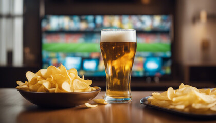 glass of Beer and bowl of chips set on football match tv background at home, bright spot light
