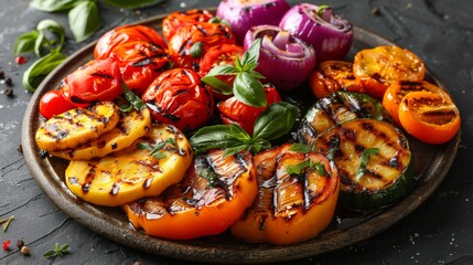 Wall Mural - Deliciously charred vegetables on a slate plate, perfect for culinary and dietary concepts