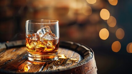 Wall Mural - Whiskey in glass with ice on wooden barrel on dark background close up Text space available