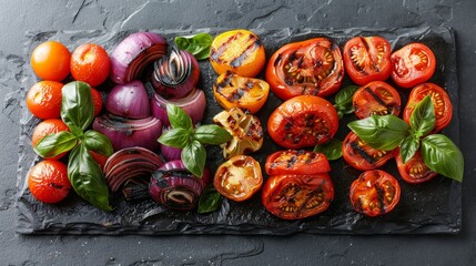 Wall Mural - Slate platter holds an assortment of grilled vegetables garnished with herbs