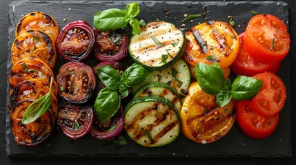 Wall Mural - Assortment of freshly grilled vegetables on a dark slate background, perfect for healthy eating concepts