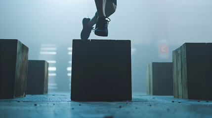 Wall Mural - An athletic figure in black doing box jumps in a minimalist gym setting.