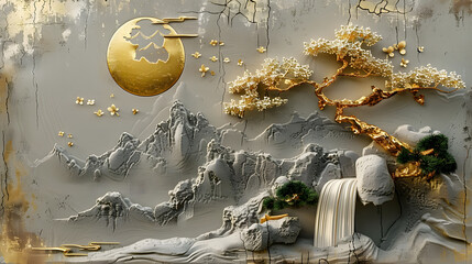 Poster - Volumetric stucco molding on a concrete wall with golden elements, Japanese landscape, waterfall, mountains, sakura.