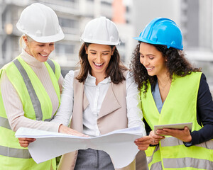 Poster - Engineering, women or blueprint for teamwork, architecture or feedback with conversation, review and project. Group, staff or leader with employees, documents or floor plan with contractor and smile
