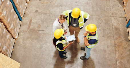 Poster - Employee, warehouse and above with tablet for teamwork, collaboration and planning. People, conversation and briefing for logistics at factory with manufacturing, supply chain and distribution