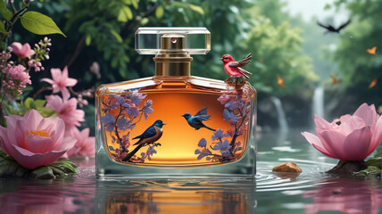 Wall Mural - A luxurious perfume bottle surrounded by the soothing sounds of flowing water and chirping birds, embodying the freshness and vitality of its sound-infused fragrance, Generative AI