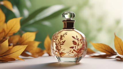 Wall Mural - An elegant perfume bottle resonating with the melody of gentle winds and rustling leaves, evoking a sense of serenity and natural beauty with its sound-inspired scent, Generative AI