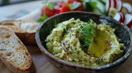 Healthy vegetarian breakfast Classic Mexican chilled starter of mashed avocado alongside bread and veggies