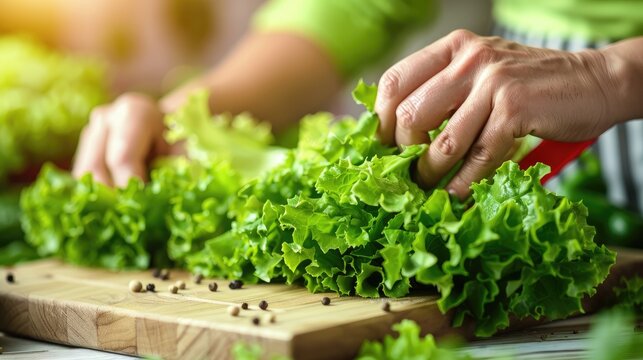 Cook chopping lettuce on a cutting board in close up