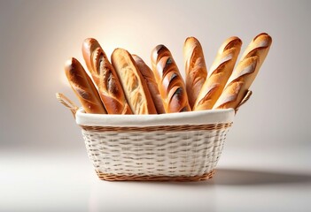 Wall Mural - A wooden basket showcasing an assortment of freshly baked French baguettes, their crusty exteriors and soft, airy interiors on display.
