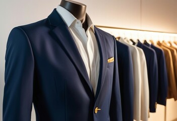 navy blue colored men's blazer jacket design example, on a lifeless mannequin
